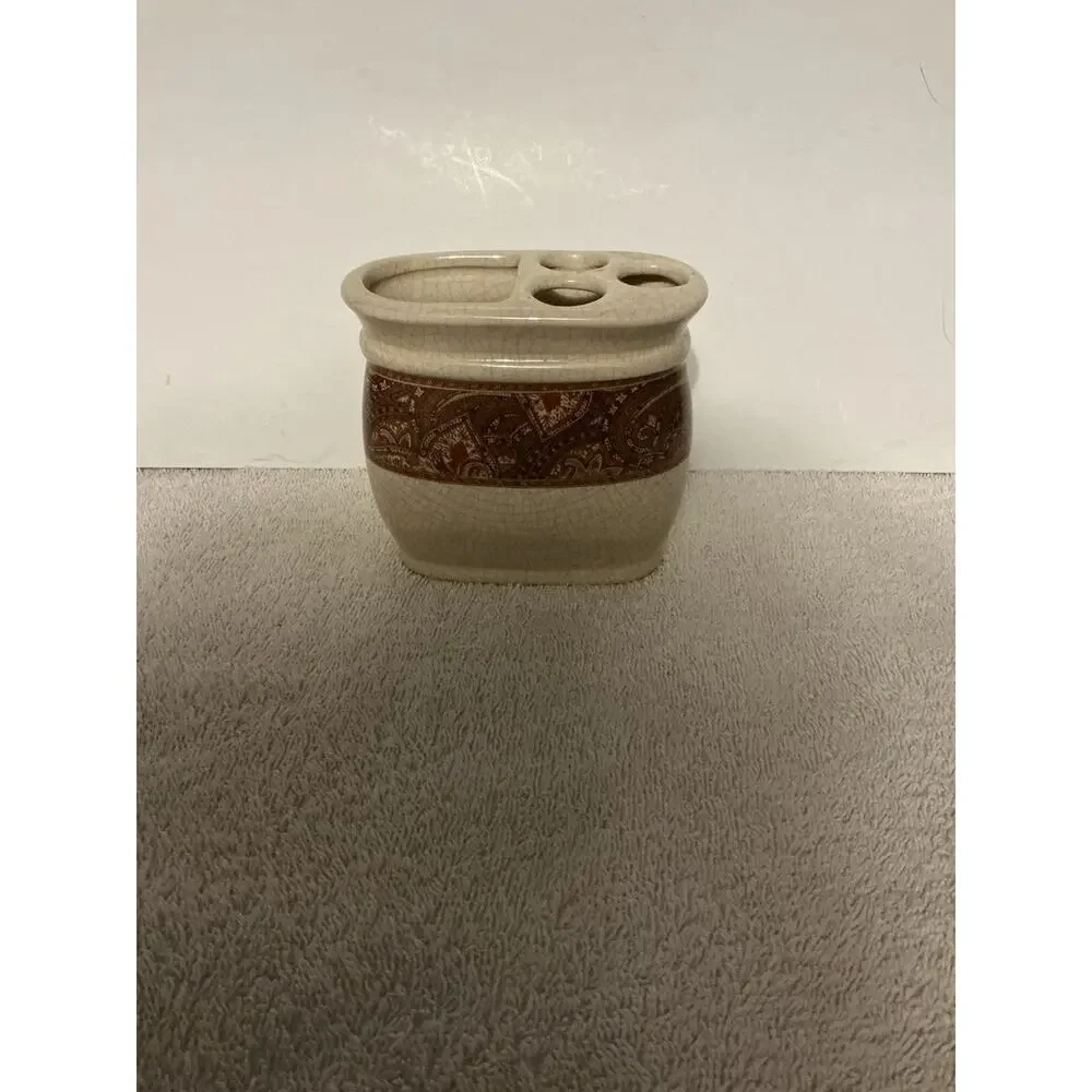 Vintage Spring Maid Ceramic Toothbrush Holder Crackle Glaze Paisley Boho Bath